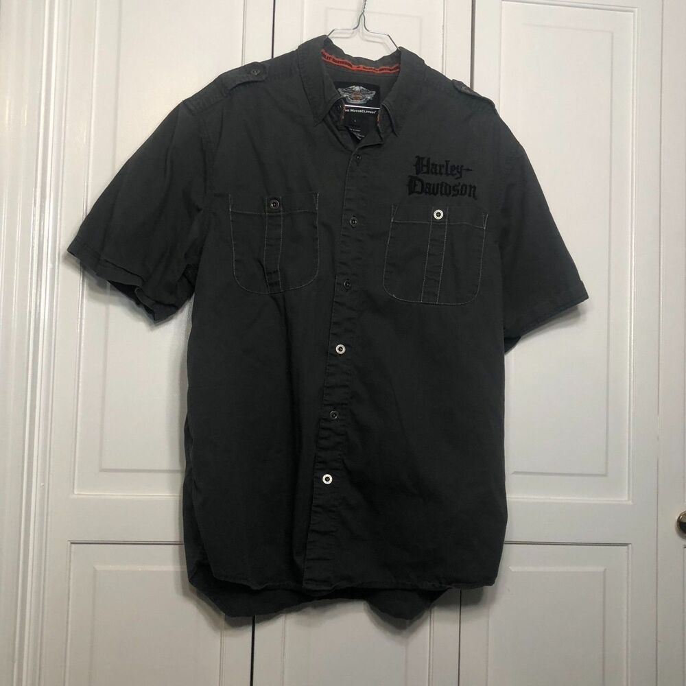Harley Davidson Genuine Motor Clothes Stitched Text Button Up Shirt L grey